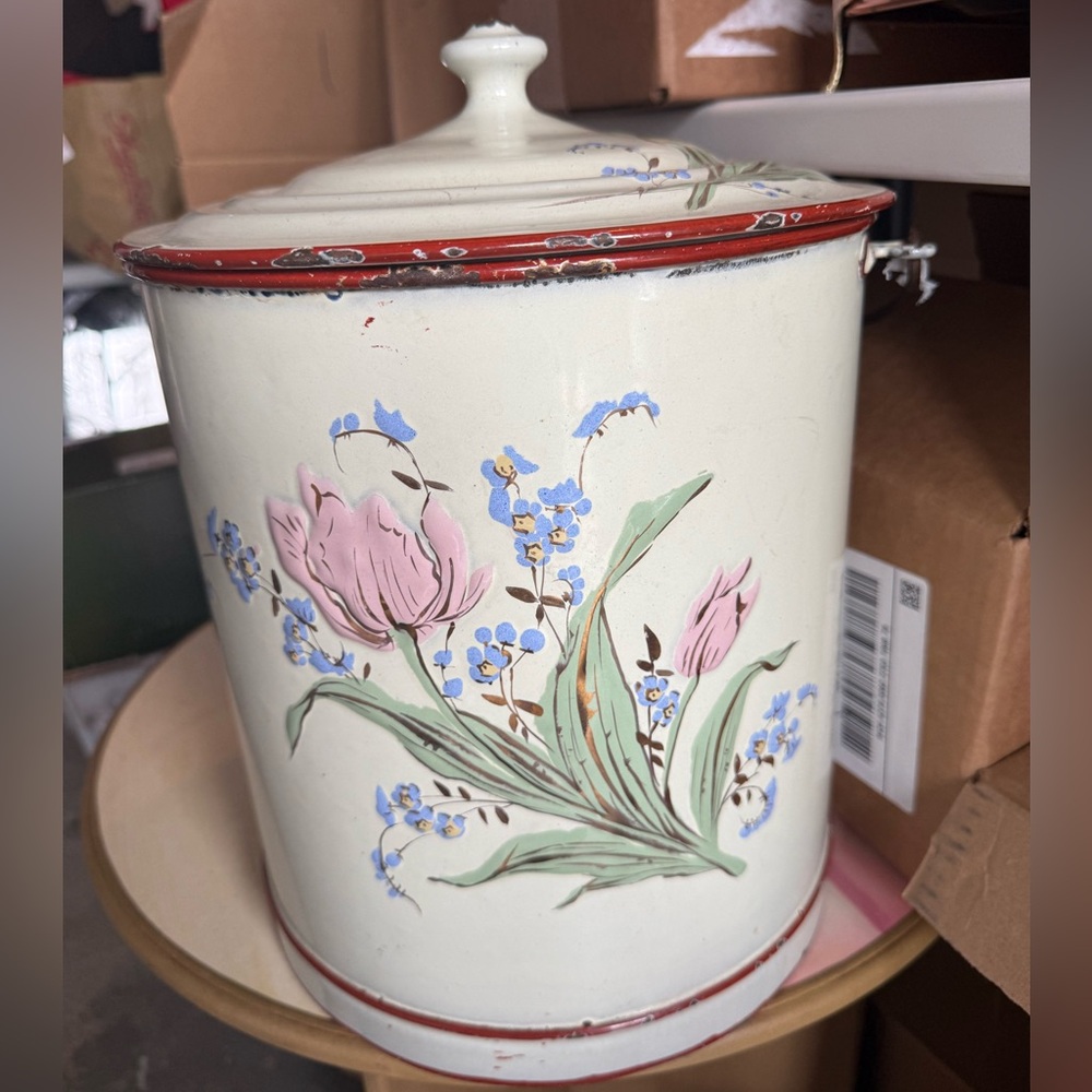 RARE FIND! LARGE Cream Floral Enamelware Canister Pot Pink Tulip Design 13x12